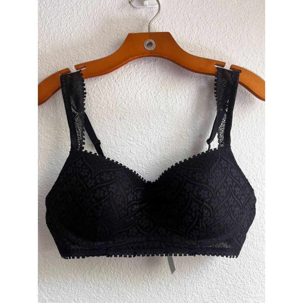 New Aerie Lace Eyelash Lightly Lined Wireless Bra - Black - Size Large